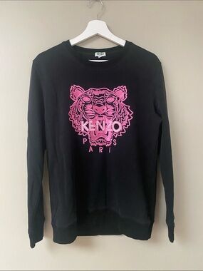 Kenzo Black Crewneck Sweatshirt with Pink Tiger embroidered graphic size large